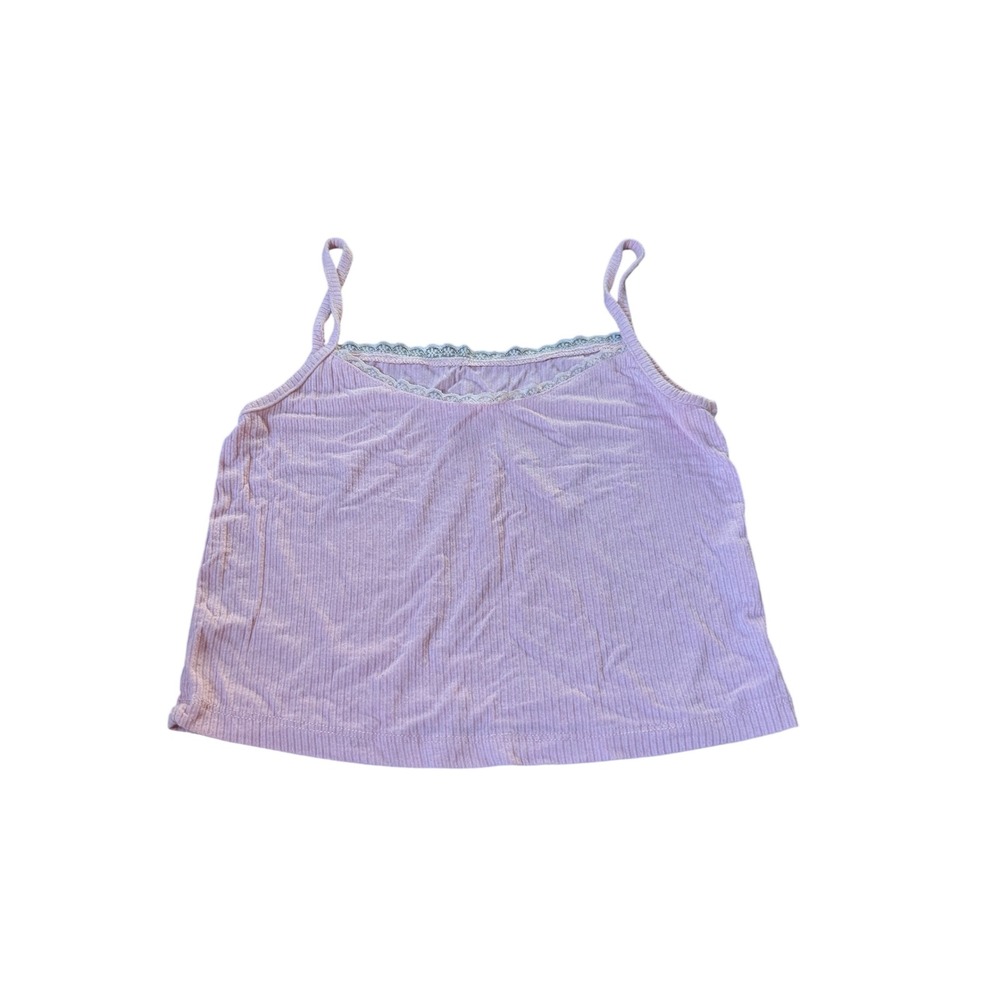 Lilac Purple Ribbed Knit Camisole Top‎ Lace Trim Spaghetti Strap Cropped Top